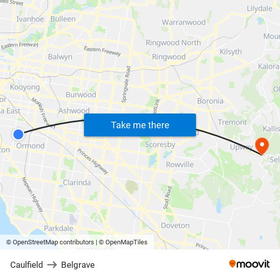 Caulfield to Belgrave map