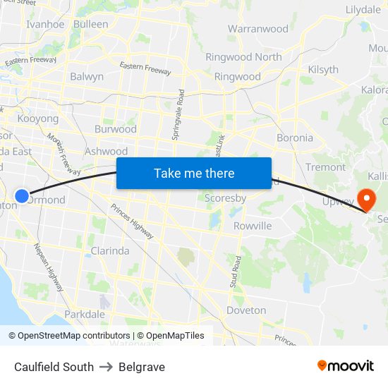 Caulfield South to Belgrave map