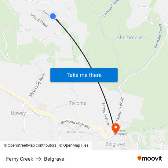 Ferny Creek to Belgrave map