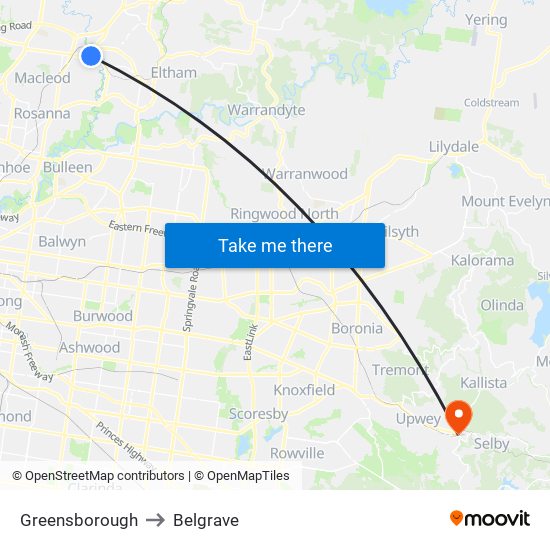 Greensborough to Belgrave map