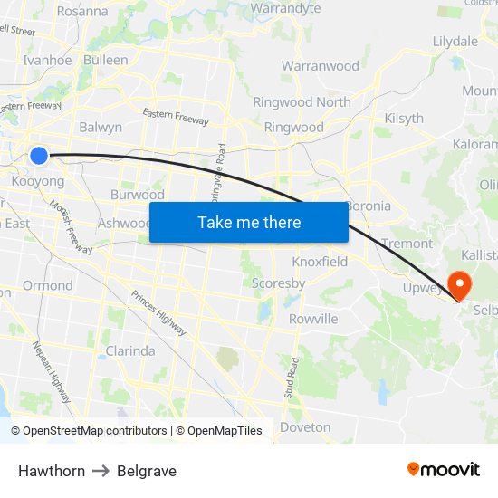 Hawthorn to Belgrave map