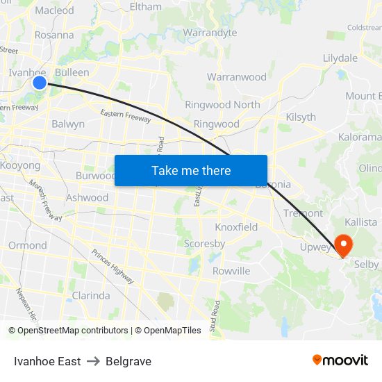 Ivanhoe East to Belgrave map