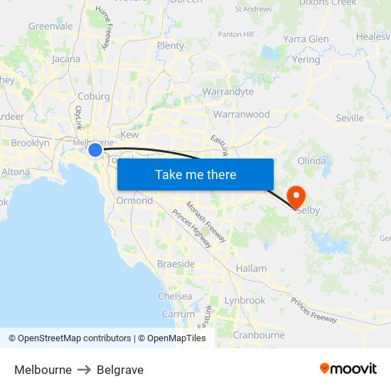 Melbourne to Belgrave map