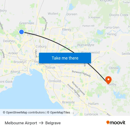 Melbourne Airport to Belgrave map