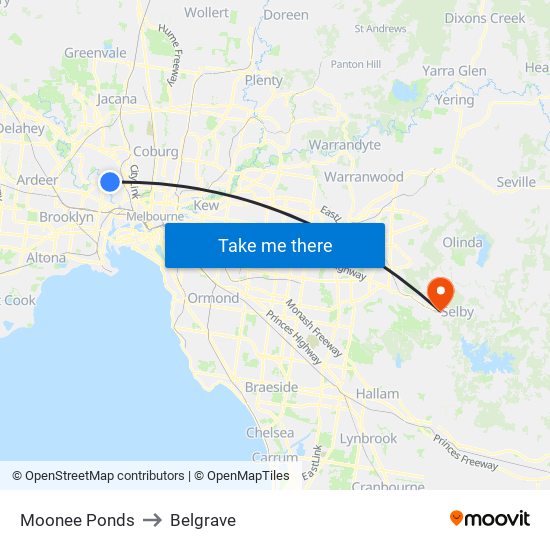 Moonee Ponds to Belgrave map