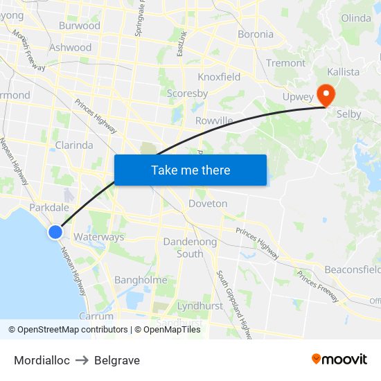 Mordialloc to Belgrave map