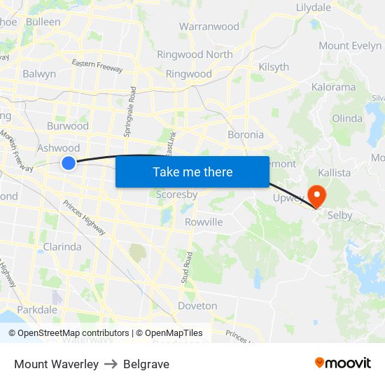 Mount Waverley to Belgrave map