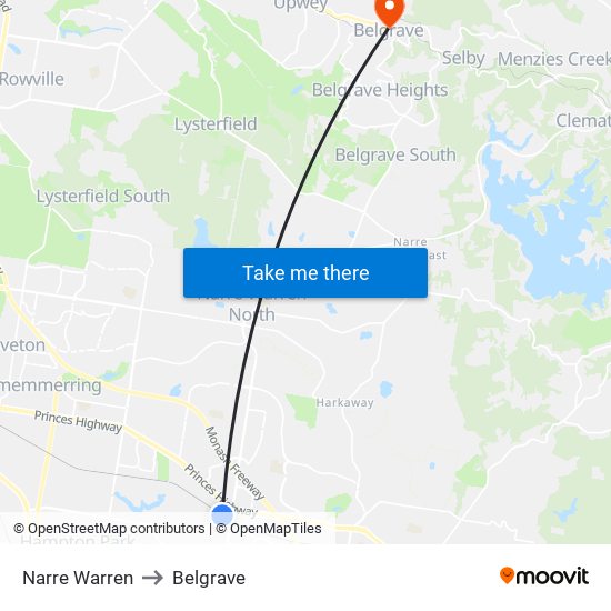 Narre Warren to Belgrave map