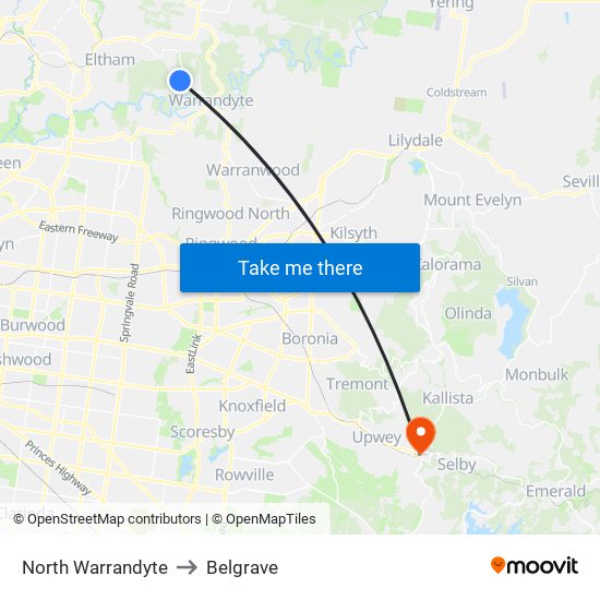 North Warrandyte to Belgrave map