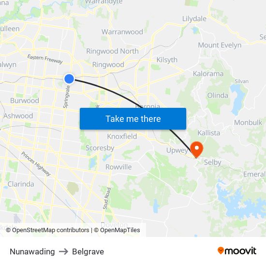 Nunawading to Belgrave map