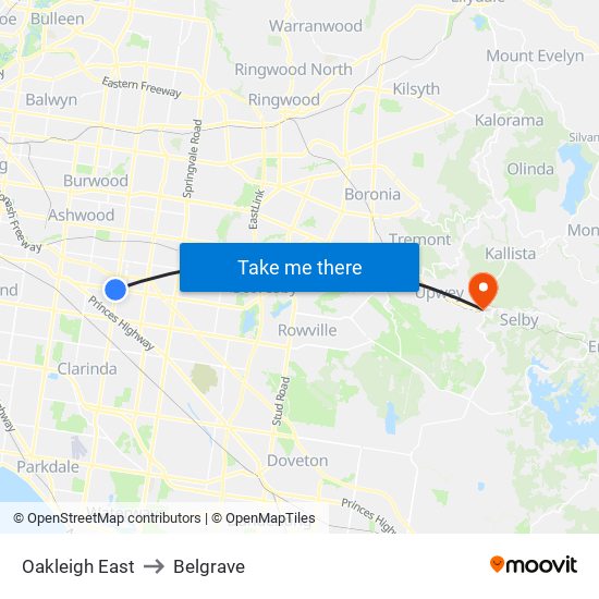 Oakleigh East to Belgrave map