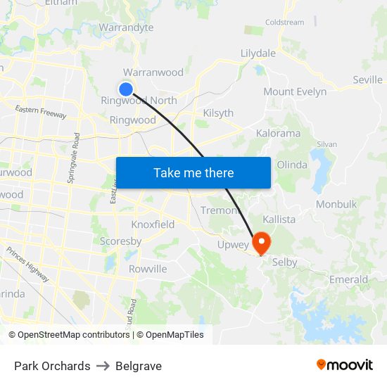 Park Orchards to Belgrave map