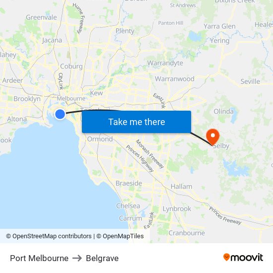 Port Melbourne to Belgrave map