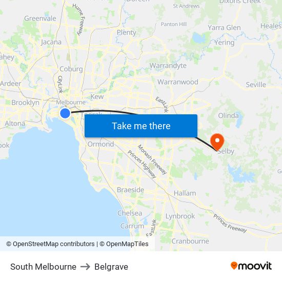 South Melbourne to Belgrave map