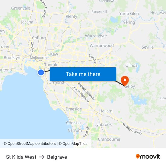 St Kilda West to Belgrave map