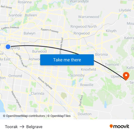 Toorak to Belgrave map