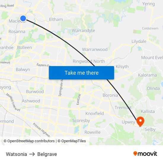 Watsonia to Belgrave map