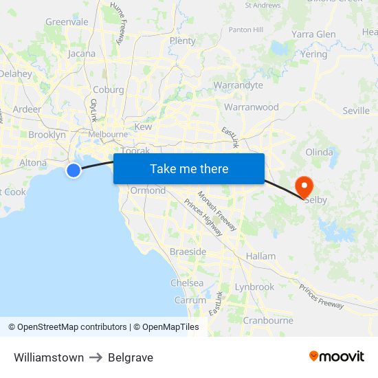 Williamstown to Belgrave map