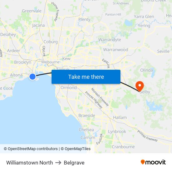 Williamstown North to Belgrave map