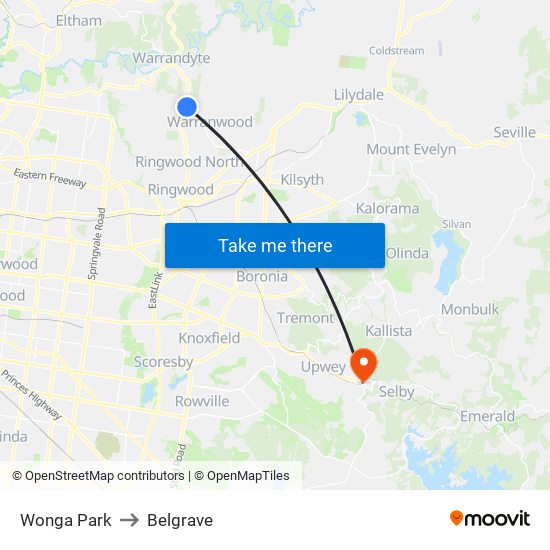 Wonga Park to Belgrave map