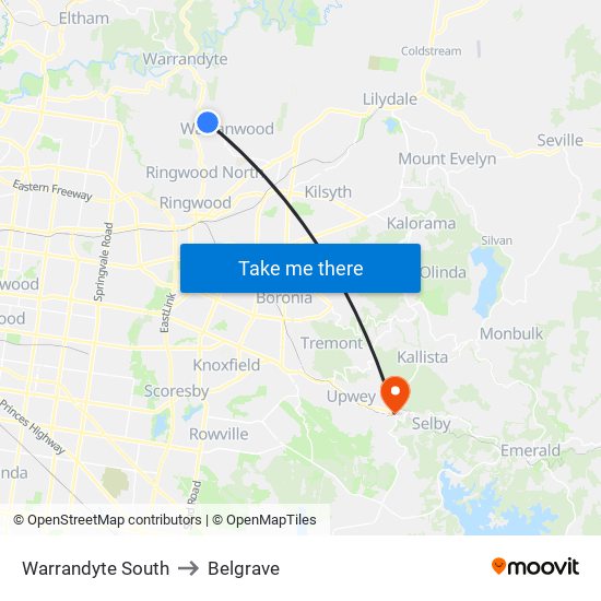 Warrandyte South to Belgrave map