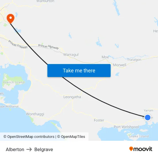 Alberton to Belgrave map
