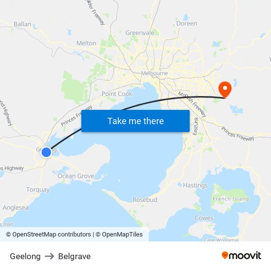 Geelong to Belgrave map