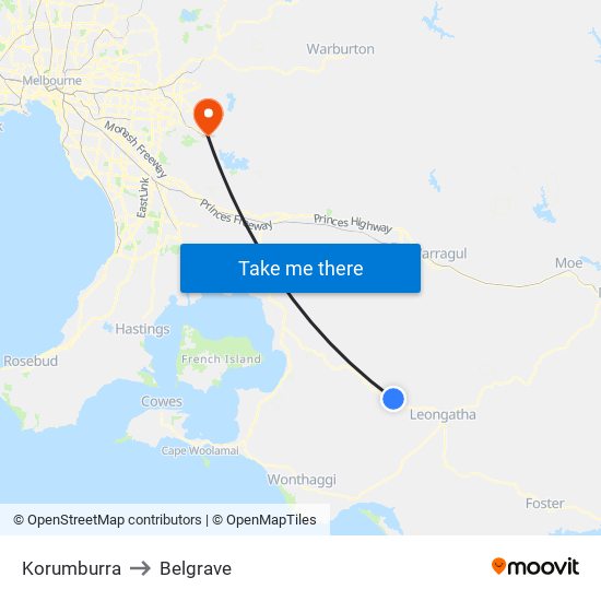 Korumburra to Belgrave map