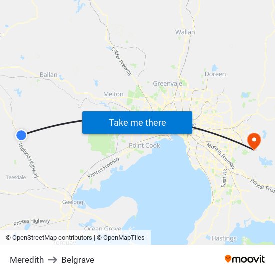 Meredith to Belgrave map