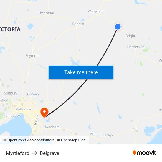 Myrtleford to Belgrave map