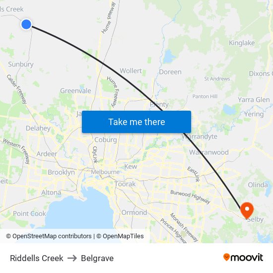 Riddells Creek to Belgrave map