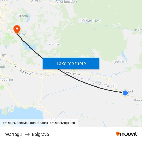 Warragul to Belgrave map