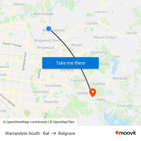 Warrandyte South - Bal to Belgrave map