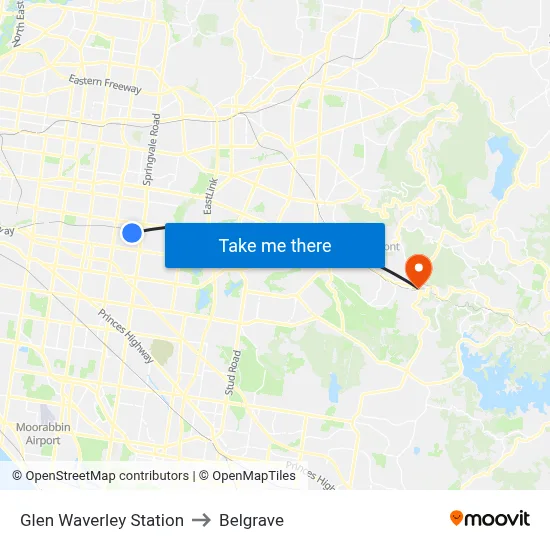 Glen Waverley Station to Belgrave map