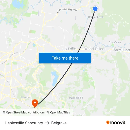 Healesville Sanctuary to Belgrave map