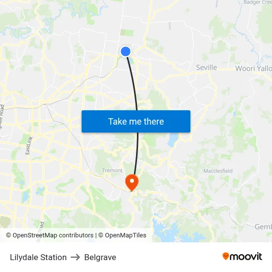 Lilydale Station to Belgrave map
