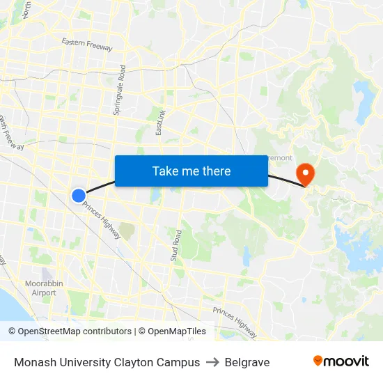 Monash University Clayton Campus to Belgrave map