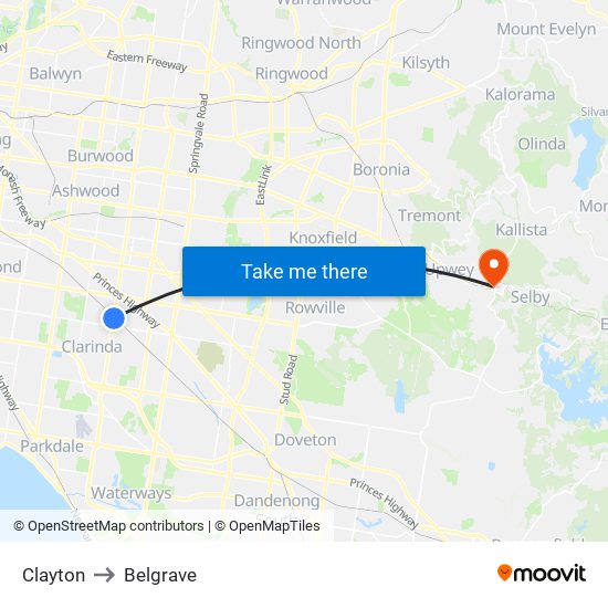 Clayton to Belgrave map