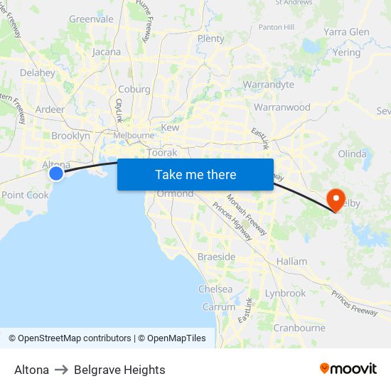 Altona to Belgrave Heights map