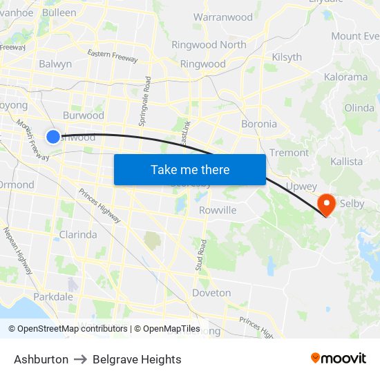 Ashburton to Belgrave Heights map