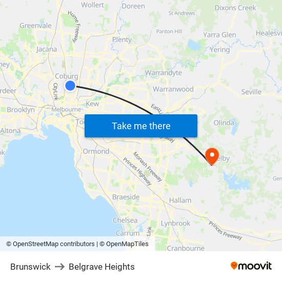 Brunswick to Belgrave Heights map