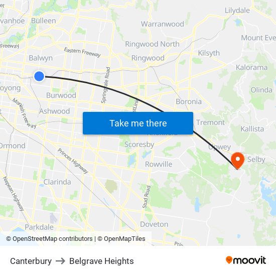 Canterbury to Belgrave Heights map