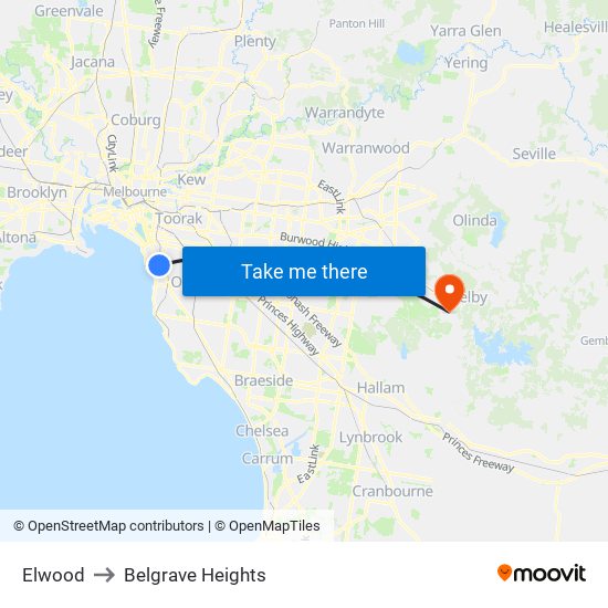 Elwood to Belgrave Heights map
