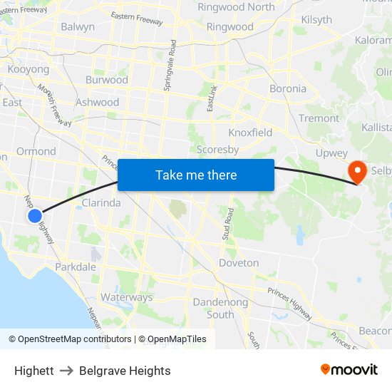 Highett to Belgrave Heights map