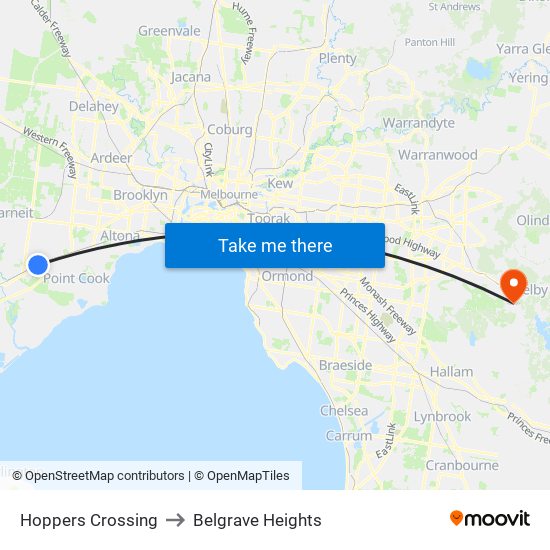 Hoppers Crossing to Belgrave Heights map
