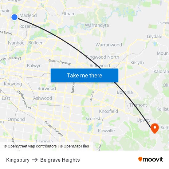 Kingsbury to Belgrave Heights map