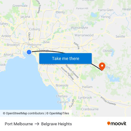 Port Melbourne to Belgrave Heights map