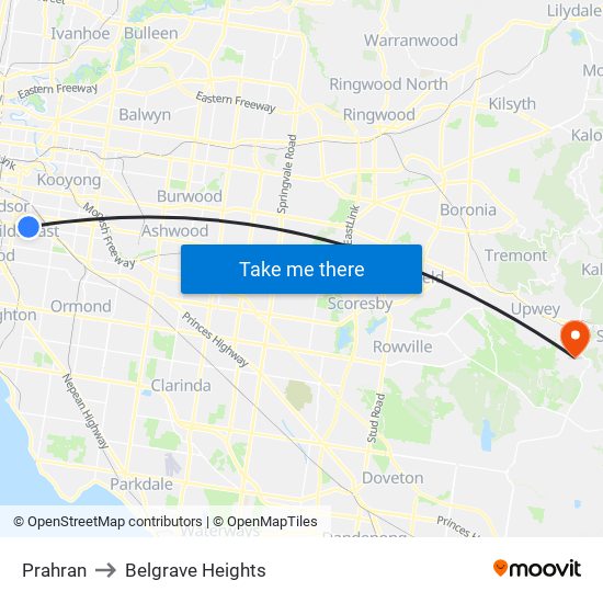 Prahran to Belgrave Heights map