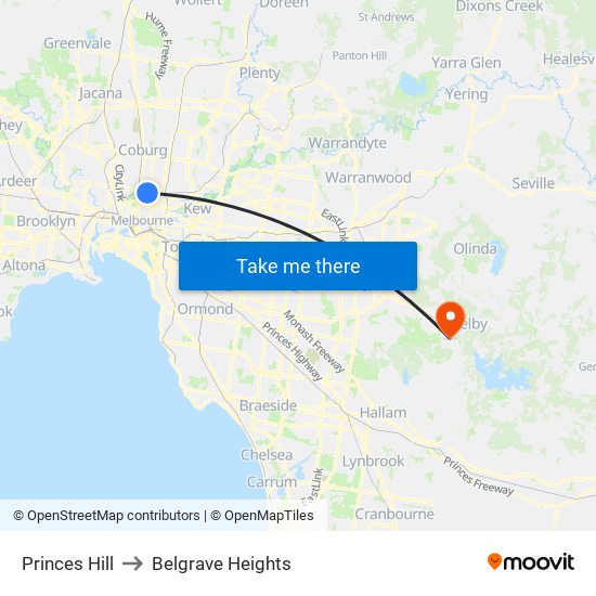 Princes Hill to Belgrave Heights map