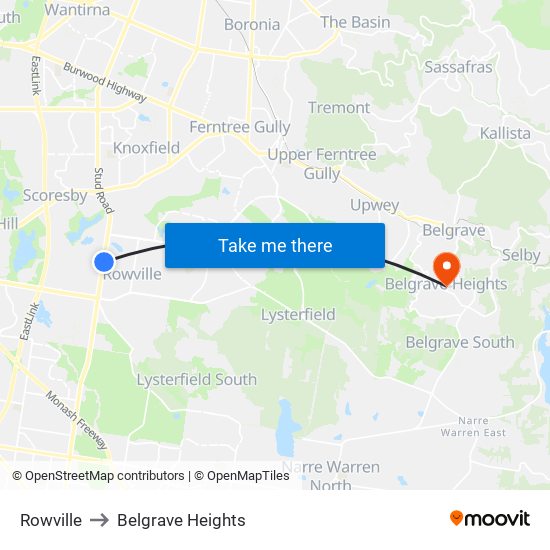 Rowville to Belgrave Heights map